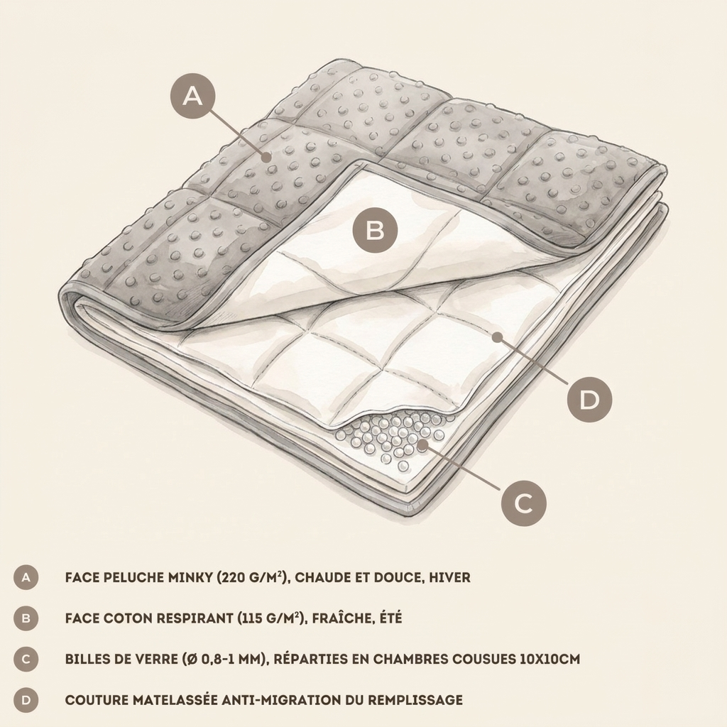 Infographie couverture lestée enfant LESTAE : couches, billes de verre, faces été et hiver