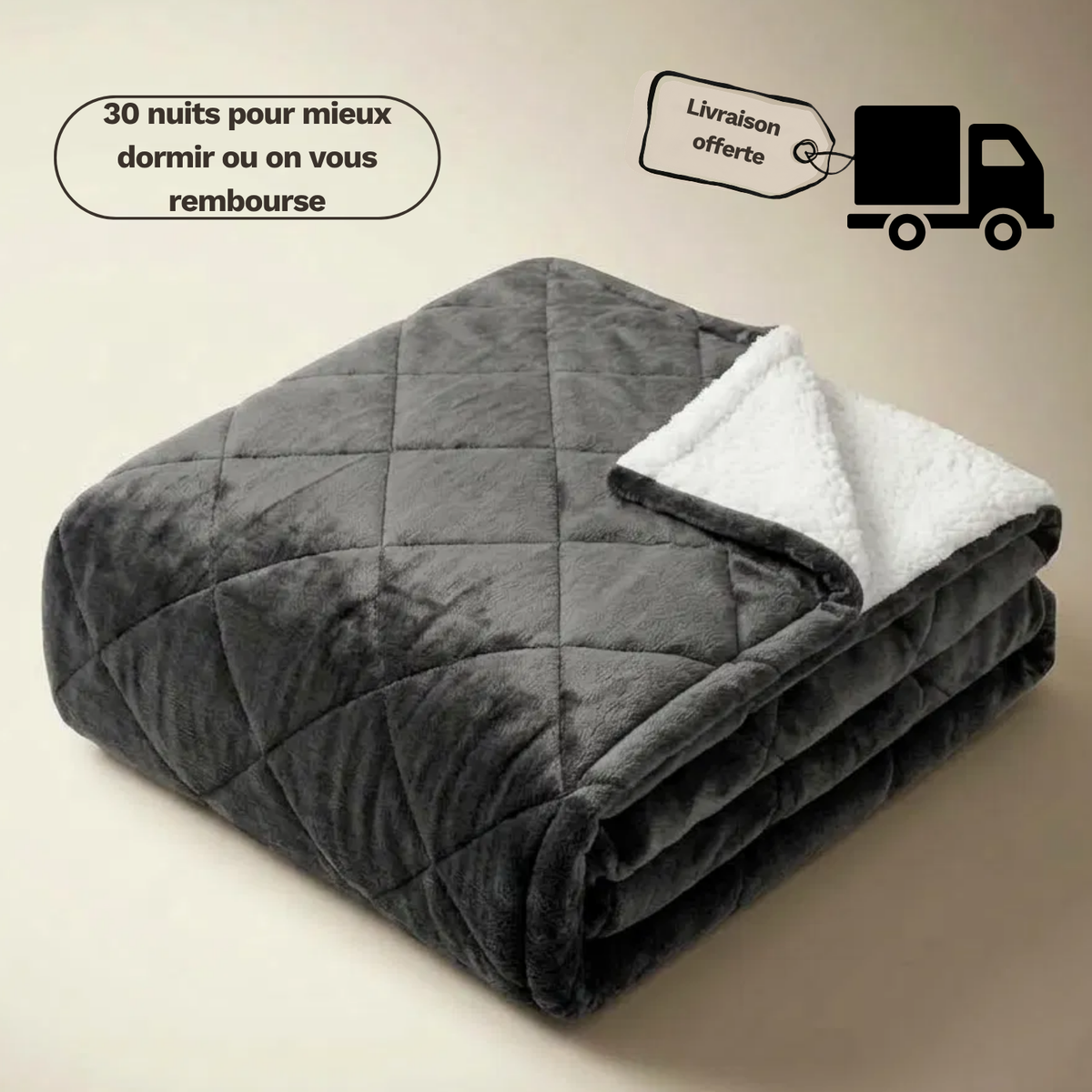 Couverture lestée polaire pour adulte LESTAE pliée, gris, doublure sherpa