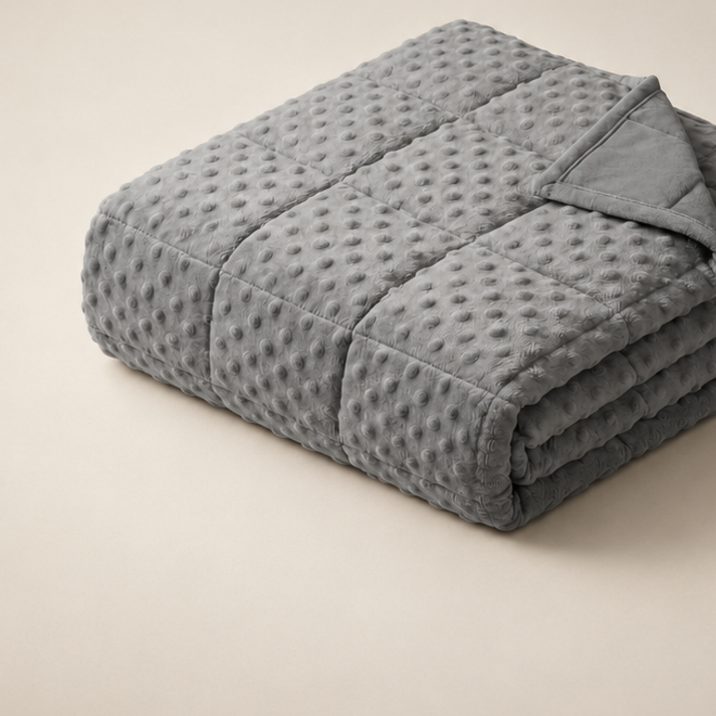 Zoom sur la couverture lestée enfant autisme LESTAE, face peluche douce et carrés cousus