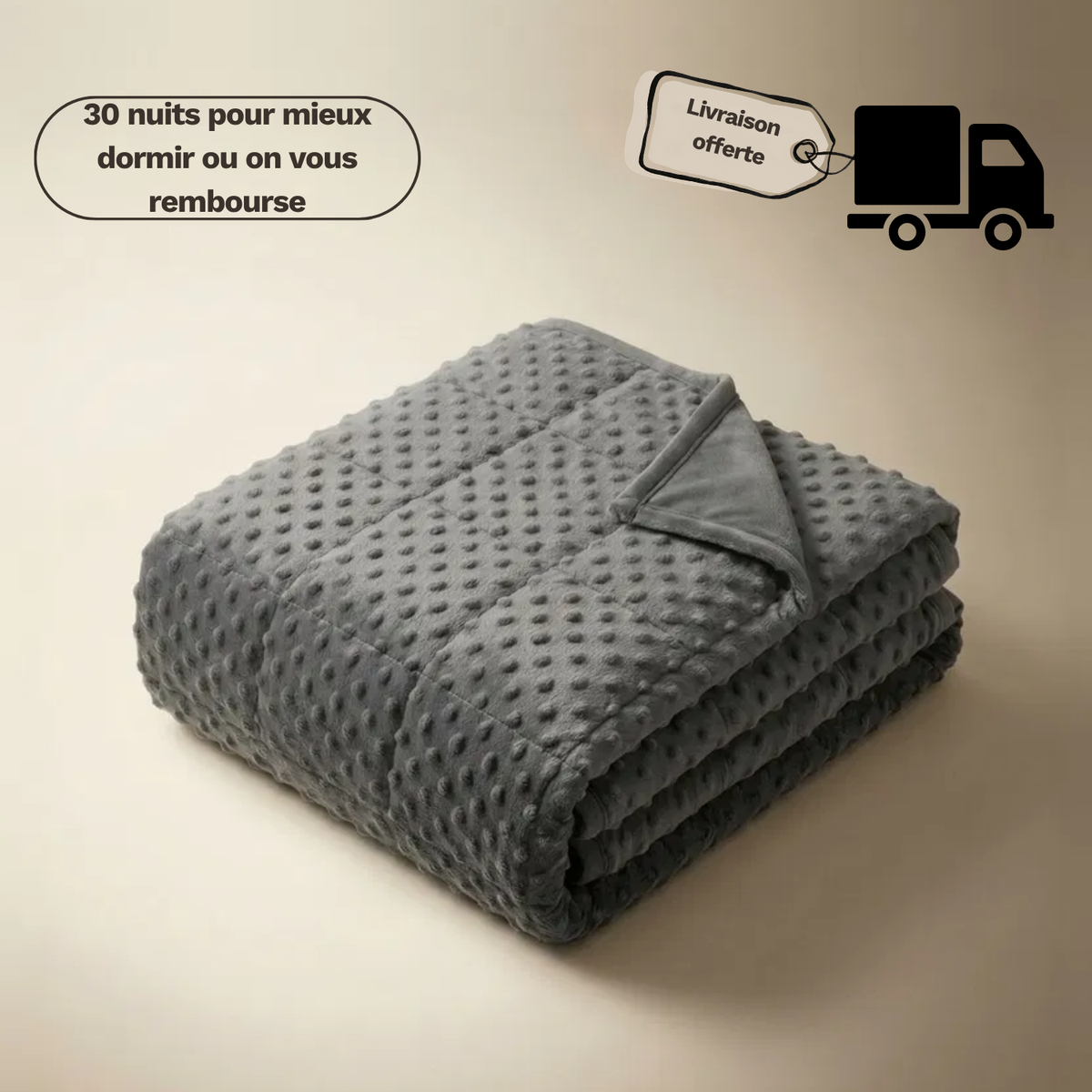Couverture lestée réversible pour adulte LESTAE pliée, face minky à pois, garantie 30 nuits et livraison offerte