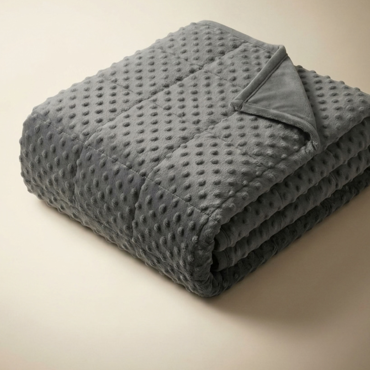 Zoom sur la face minky à pois en relief de la couverture lestée réversible